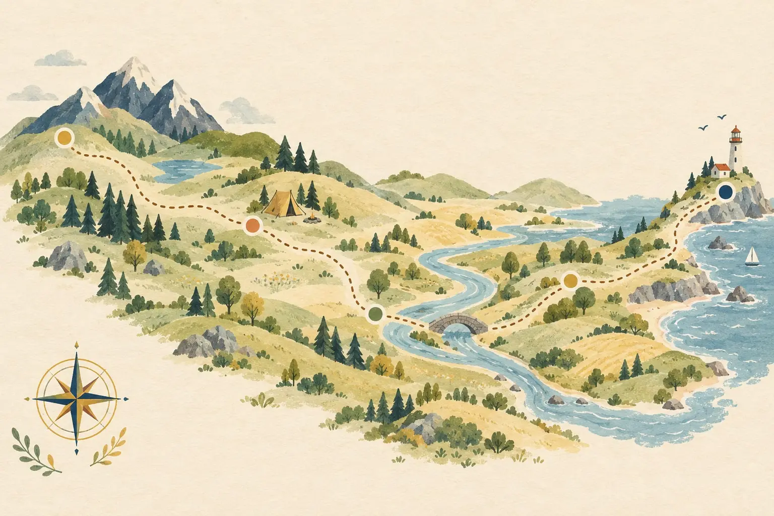 Mapa ilustrado de un paisaje con montañas, un río y un faro, recorrido por un camino de puntos que une varias etapas.